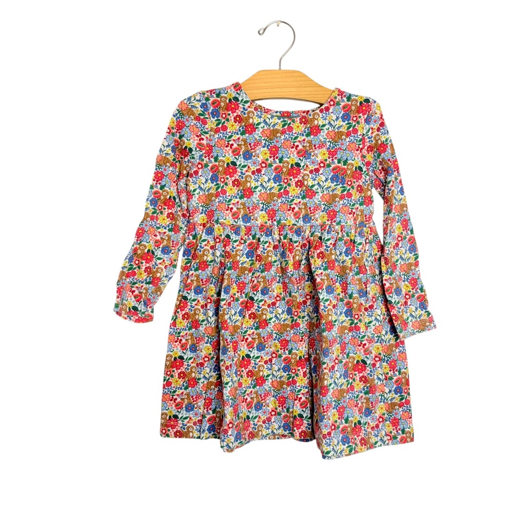 Mini Boden Girls Floral Sloth Print Jersey Dress Long Sleeve Cotton 5-6 Years